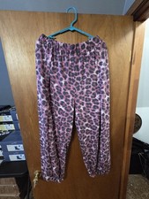 Women's Pink Black Leopard Animal Print Pull On Elastic Waist Joggers w/ Slit