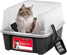 Cat Litter Box Large Open Top with High Sided Walls Tall Scatter Shield Scoop
