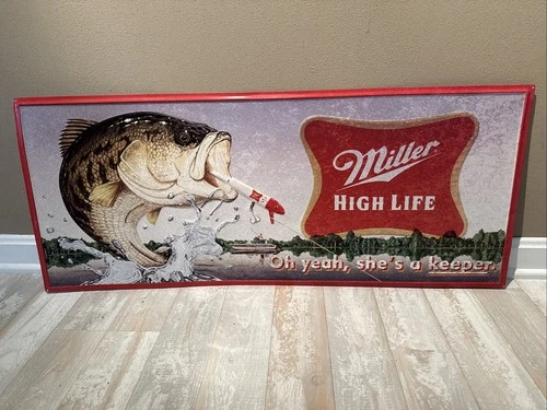Vtg Miller High Life Metal Bass Fishing Beer Sign She's A Keeper 36x15 Nice!!!