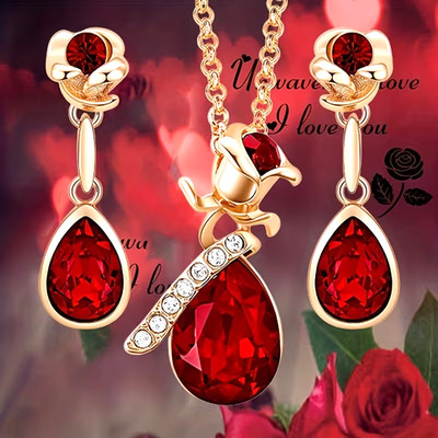 Fashion Women Rose Flower Pendant Necklace Earrings Set Unique Girl Gift
