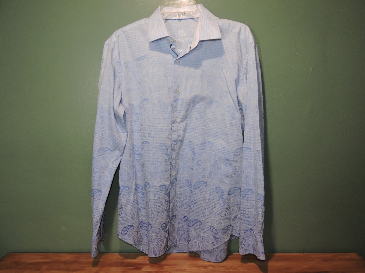 green emerald velvet dress Bugatchi Men's Alvin Trim Fit Leaf Print Stretch Cotton Button-Up Shirt - Blue main image 1