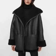 Women's Black Shearling Leather Jacket - Oversized B3 RAF Aviator Lambskin Coat