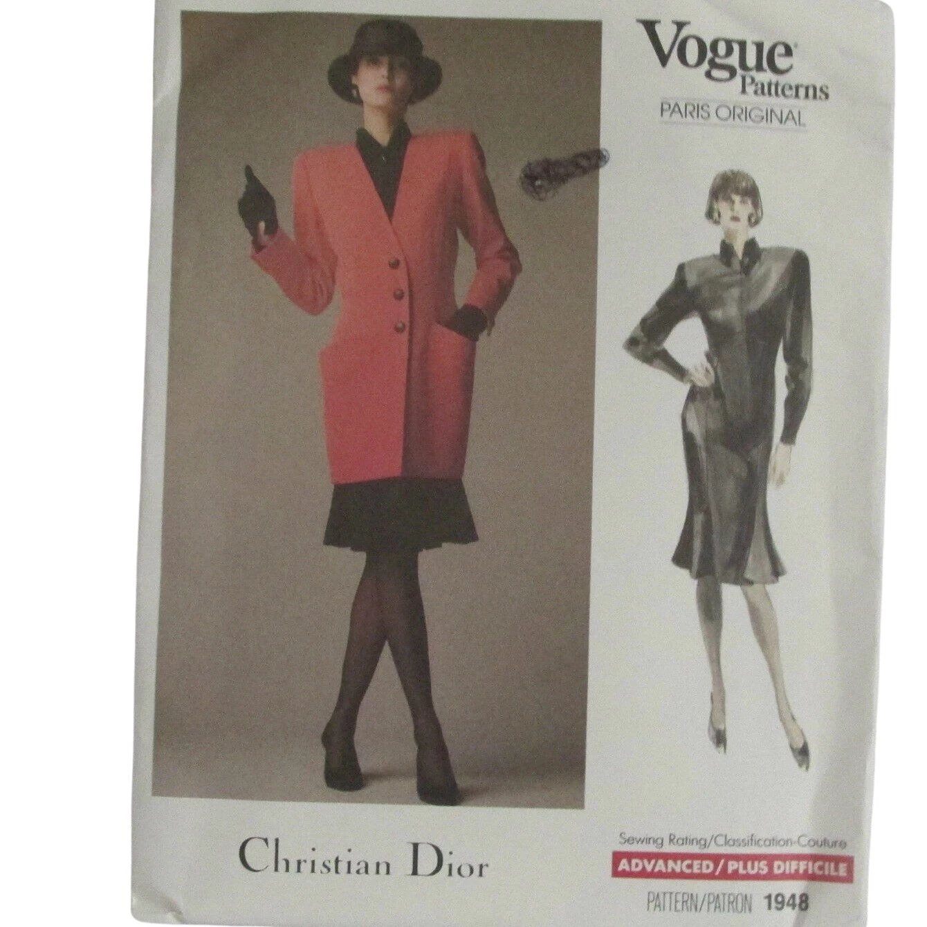 Abito e giacca non tagliati 1987 Vogue Paris Christian Dior motivo da cucire taglia 10 #1948