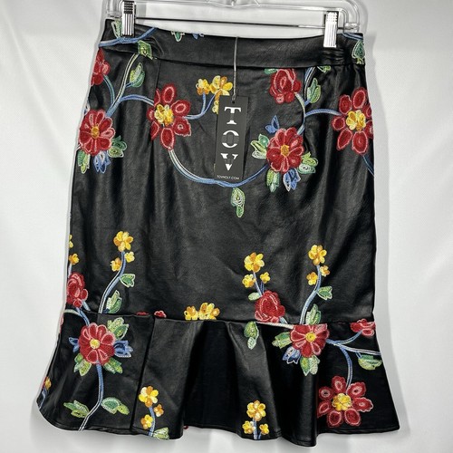 TOV Los Angeles Embroidered Faux Leather Skirt Black Ruffle Whimsigoth Boho NWT