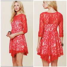 FREE PEOPLE Red Mesh Floral Lace Overlay Dress Size 4 