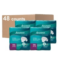 48 Counts 4x 12 Assurance Maximum Absorbency Briefs Unisex Size 2XL Waist 62-73"