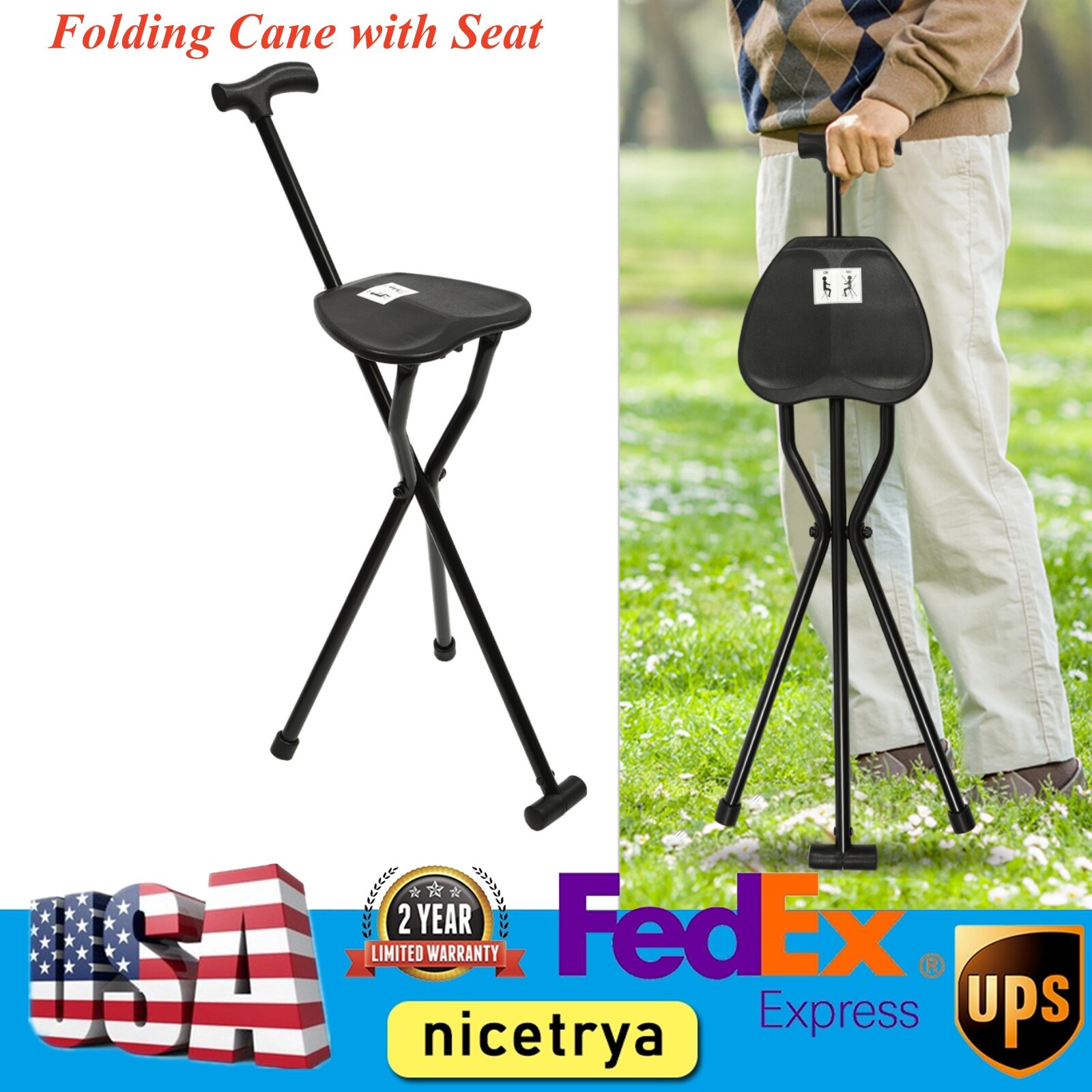 Walking Stick with Seat Cane Portable Travel Hiking Chair Stool Tripod Folding