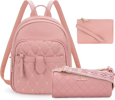 Montana West 3Pcs Anti Theft Backpack Purse for Women Small Quilted 3pcs Pink 