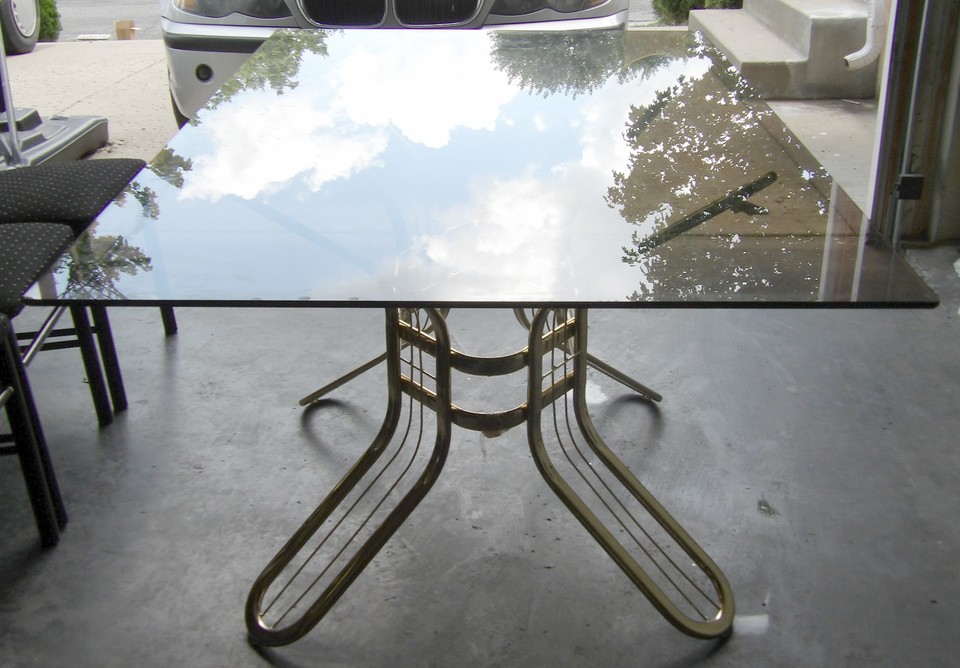 Glass top dining table with brass accent stand, and four chairs | eBay