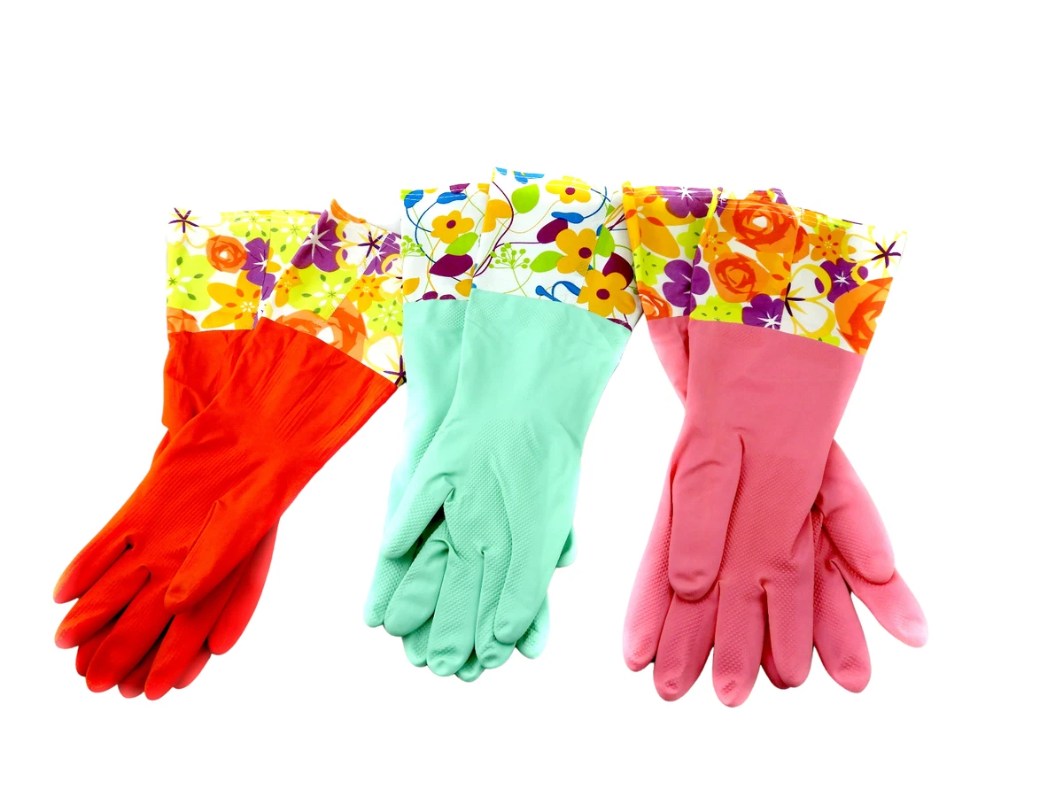 3 pair Decorative Flocked Lined Latex Dish Washing Gloves Cuff to Elbow  Floral