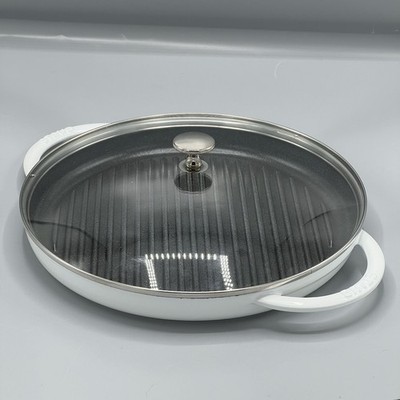 Staub France 30 Grill Pan 12'' White w/ Glass Lid.  Pre-owned. Very clean.