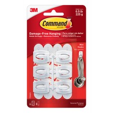 Mini Wall Hooks, 6 Hooks, 8 Strips, White