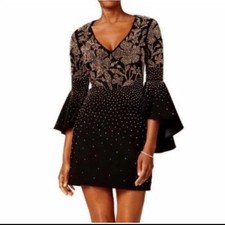 NWT Betsy Adam beaded Black Gold Long bell Sleeve cocktail mini dress sz 6