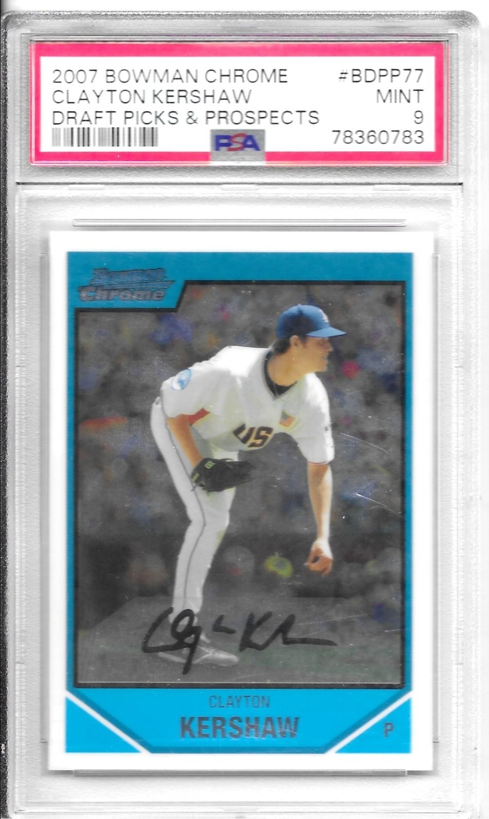 2007 BOWMAN CHROME DRAFT PICKS & PROSPECTS CLAYTON KERSHAW RC. PSA MINT 9