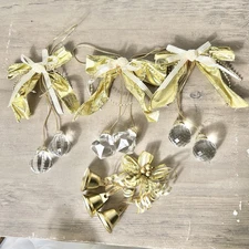 Vintage Gold Bow Ornaments Acrylic Crystal Drops & Bells Christmas Set of 4