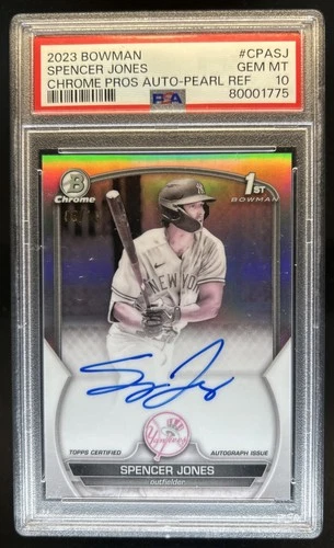 2023 Bowman Spencer Jones Chrome Auto Pearl Refractor 1st #/10 Yankees PSA 10