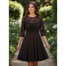 Black Lace Yoke 3/4 Sleeve Fit and Flare Cocktail Dress Small