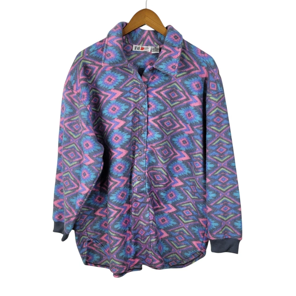 NUEVA Sudadera Pullover Henley Polar Vintage Años 90 Plus 2X Chaqueta Rosa Azul Azteca Foto 2 de 4
