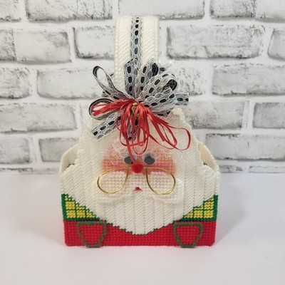 Vintage Handmade Needlepoint Plastic Canvas Santa Christmas Basket