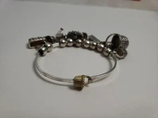 Sterling Silver 925 & Gold Vermeil Brown County Baskets Bangle Bracelet W Charms