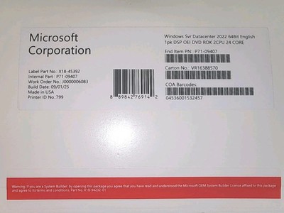 Windows Server 2022 Datacenter - 24 Core Genuine License, OEM Pack, DVD