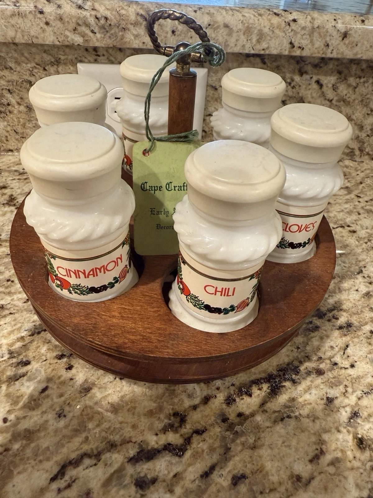 RARE Vintage Cape Craft Milk Glass Spice Jars in Wood Lazy Susan Holder (6)