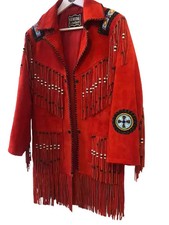 Women Suede Leather American Native Western Style Jacket Fringed  Beaded Indian