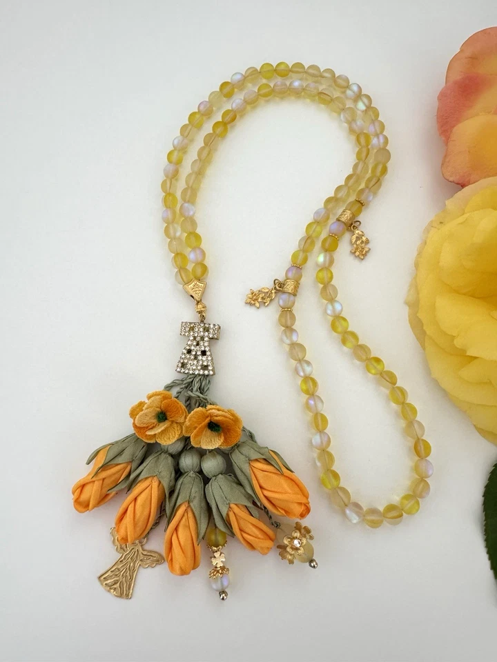 Handmade Sunshine Yellow 99 Prayer Beads Tasbih Misbaha Mala Rose Tassel Gift - Image 2 of 4