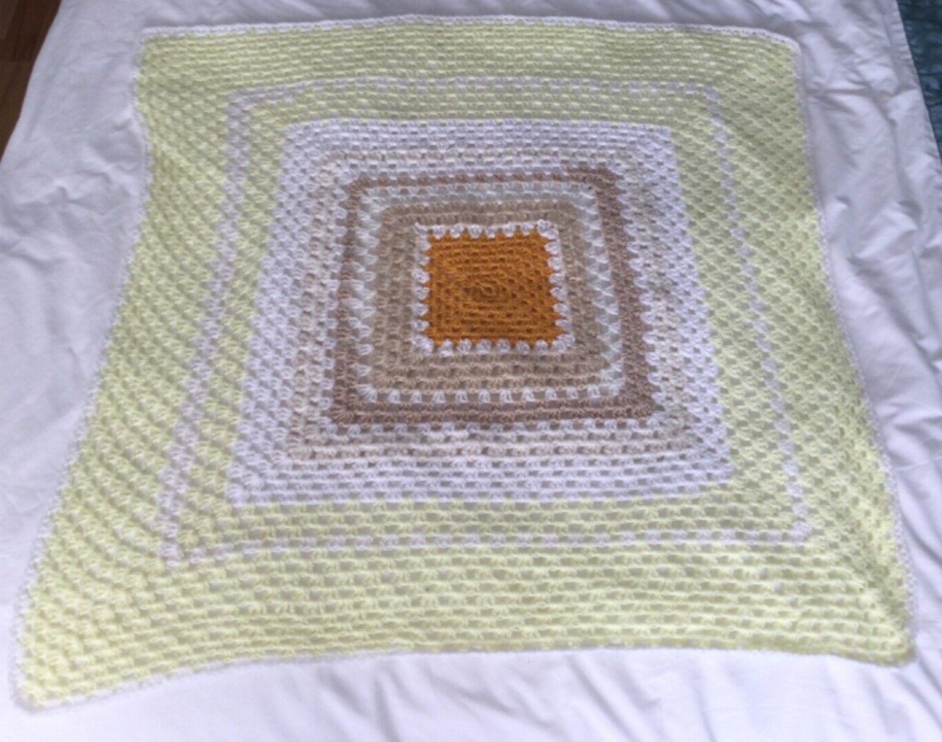 Blanket, hand made, crochet, yellow and white 75x75 centimetres eBay