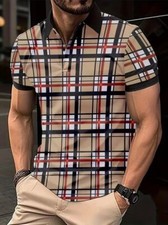 Polo Shirts Zipper Collar Retro Plaid Brown Black Red Fashion Golf Short Sleeve
