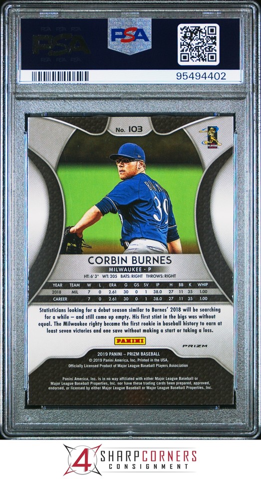 2019 PANINI PRIZM RED WHITE BLUE 103 CORBIN BURNES RC POP 1 PSA 10