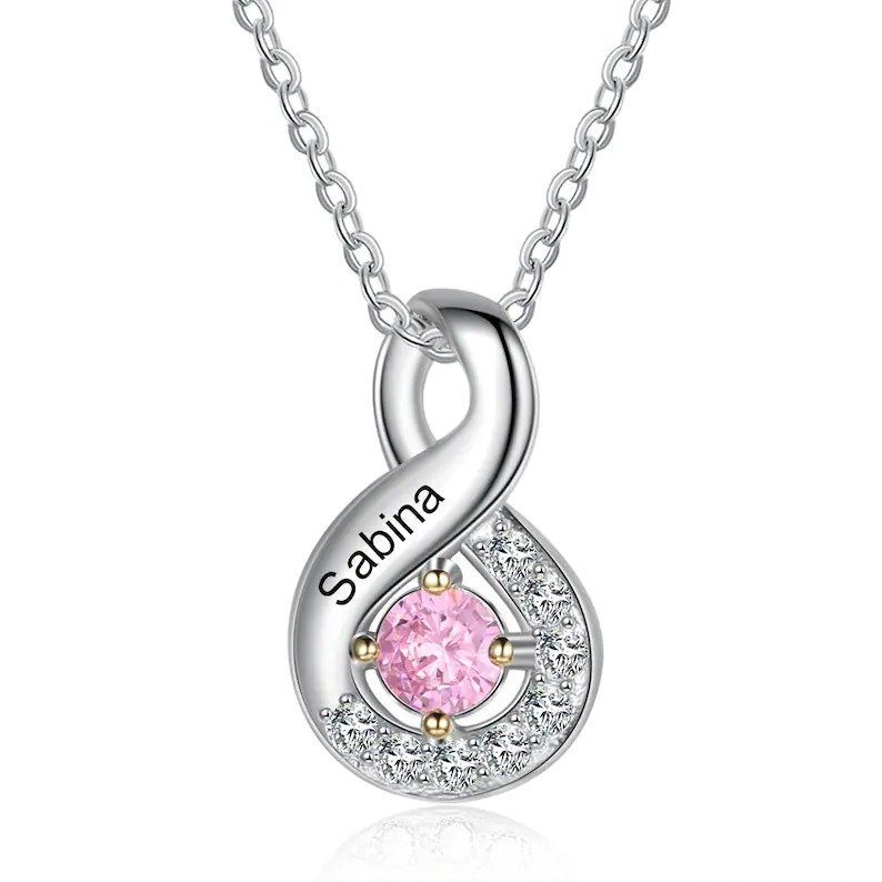 Personalized Mother Kids Name Birthstone Necklace Infinity Bar