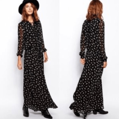Maison Scotch Women's Floral Maxi Dress Black Long Sleeve Size 1 / Small