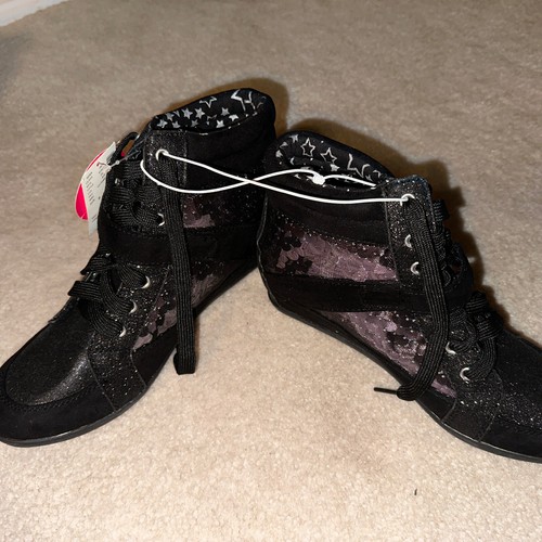 NWT Justice Girl Women Ankle Boots Size 9 Black Glitter Sequin Hidden Wedge - Picture 4 of 4