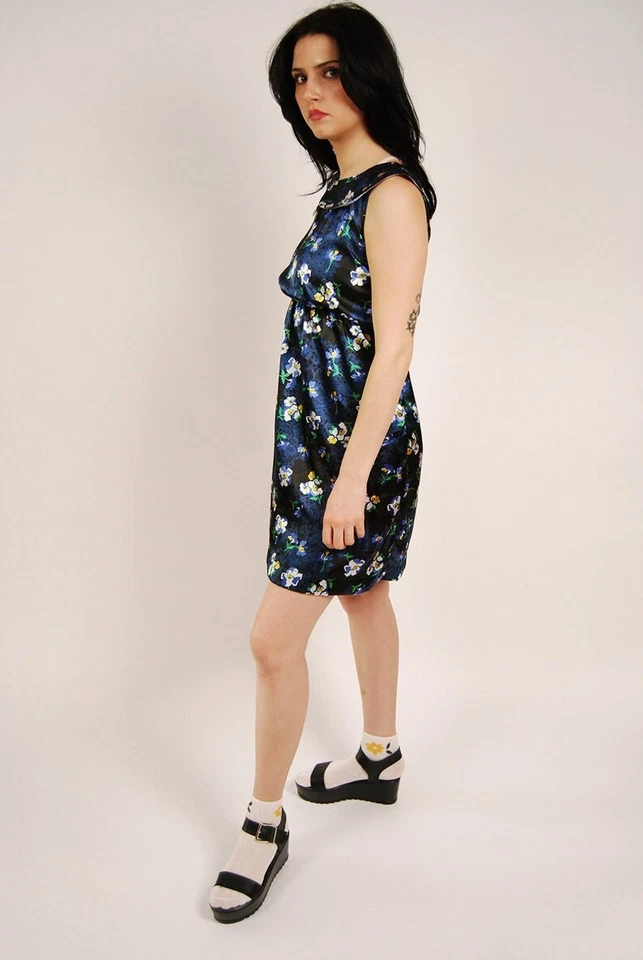 60s Floral Dress (M) vintage black peter pan collar medium sheath pencil mod - Image 3 of 4