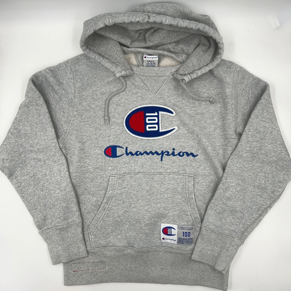 Champion 100 Hoodie Mens Small Gray Hooded Sweatshirt Embroidered