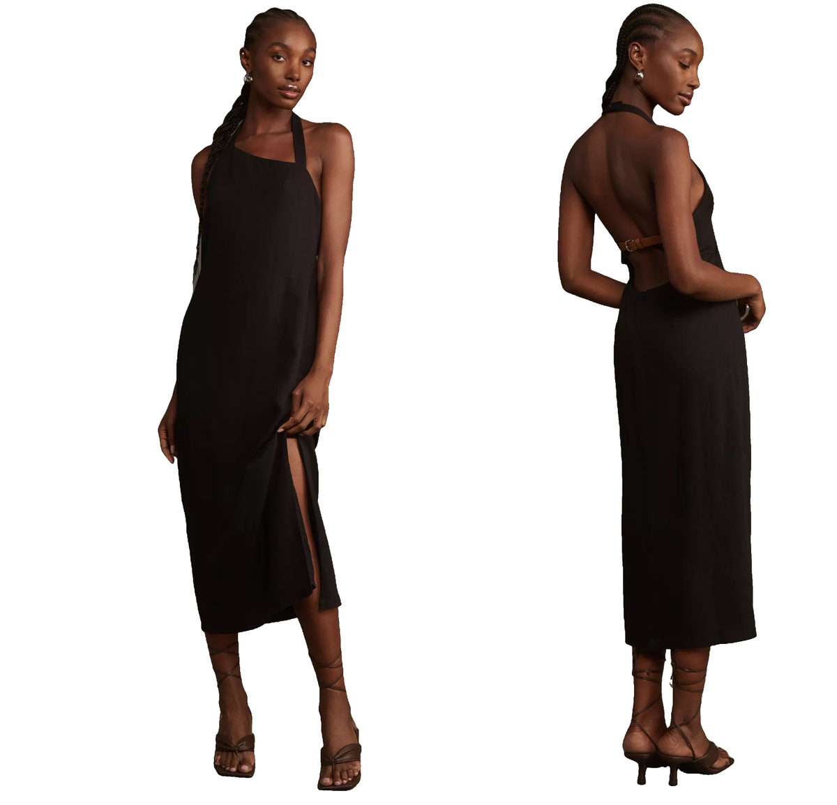 By Anthropologie Linen Asymmetrical Halter Belt Back Column Midi Dress S new
