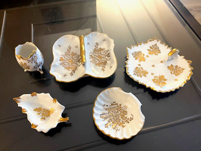 French Porcelain Dish Set 5pc Hand Painted Gold Leaf Porcelain de France