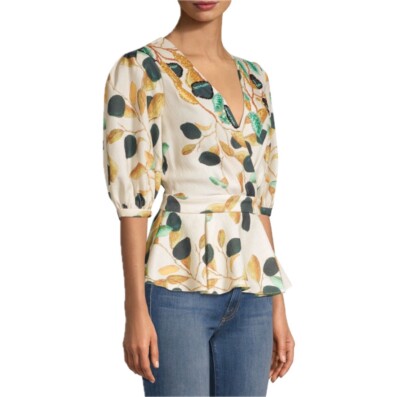 PatBO Fruit Print Wrap Blouse Size L V Neck Peplum Top
