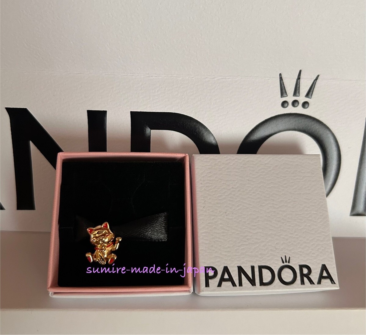 PANDORA Cute Fortune Cat Charm 14K Gold Plating Enamel New