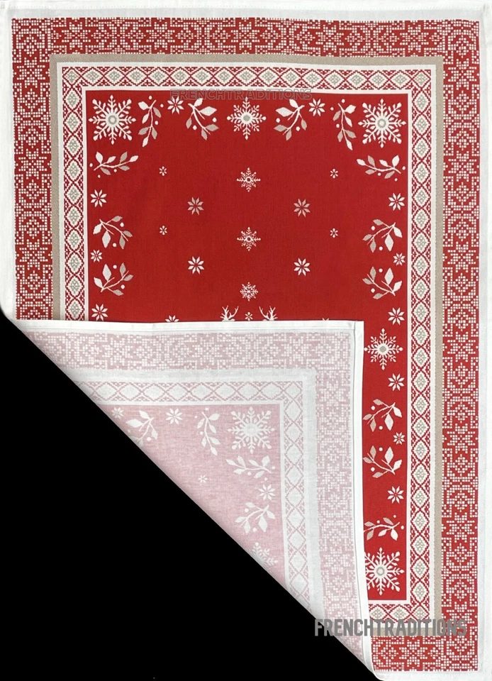 Kitchen Towel Reindeer's Edelweiss Snowflakes Holly Noel Red Made in France - Image 2 of 3