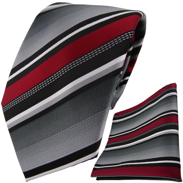 Tigertie Designer Krawatte + Einstecktuch Bordeaux Silber Grau Weiss Gestreift-image