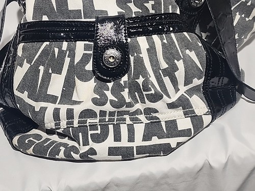 GUESS Black & White Purse Oversized Satchel Canvas Tote Y2K Handbag - Picture 8 of 9