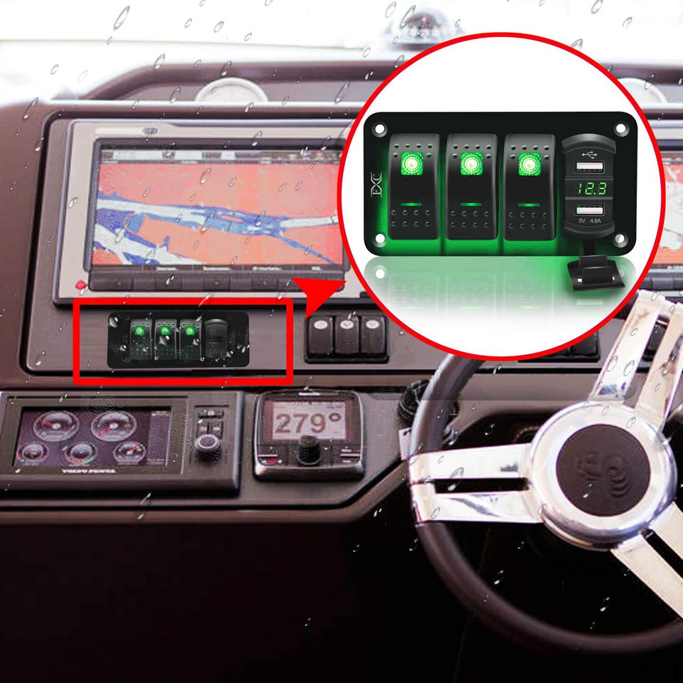 5 Gang Green LED Light Toggle Switch Panel Voltmeter USB Car Boat Marine Truck E - Foto 10