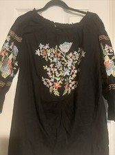 Free People Mia Dress Long Sleeve Embroidered Floral Velvet Mini Black Size S