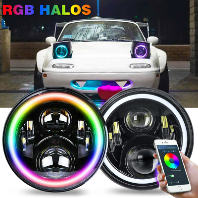 7''inch Round LED Headlight RGB Angel Eye H4 For 1990-1997 Mazda Miata Projector