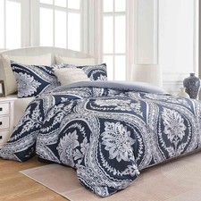 Boho Duvet Cover Set King Size, Navy Blue White Floral Damask Print Pattern, ...