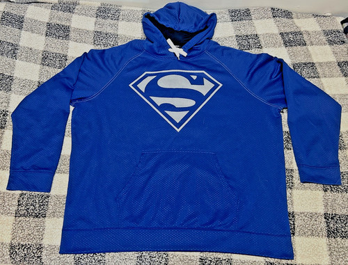 DC Superman Logo Pullover Hoodie Jersey Blue Mens 2XL w/Front Hand Warmer Pocket