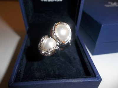 Signierter Swarovski Doppelring silberfarben nude weiße Perlen - Größe 58