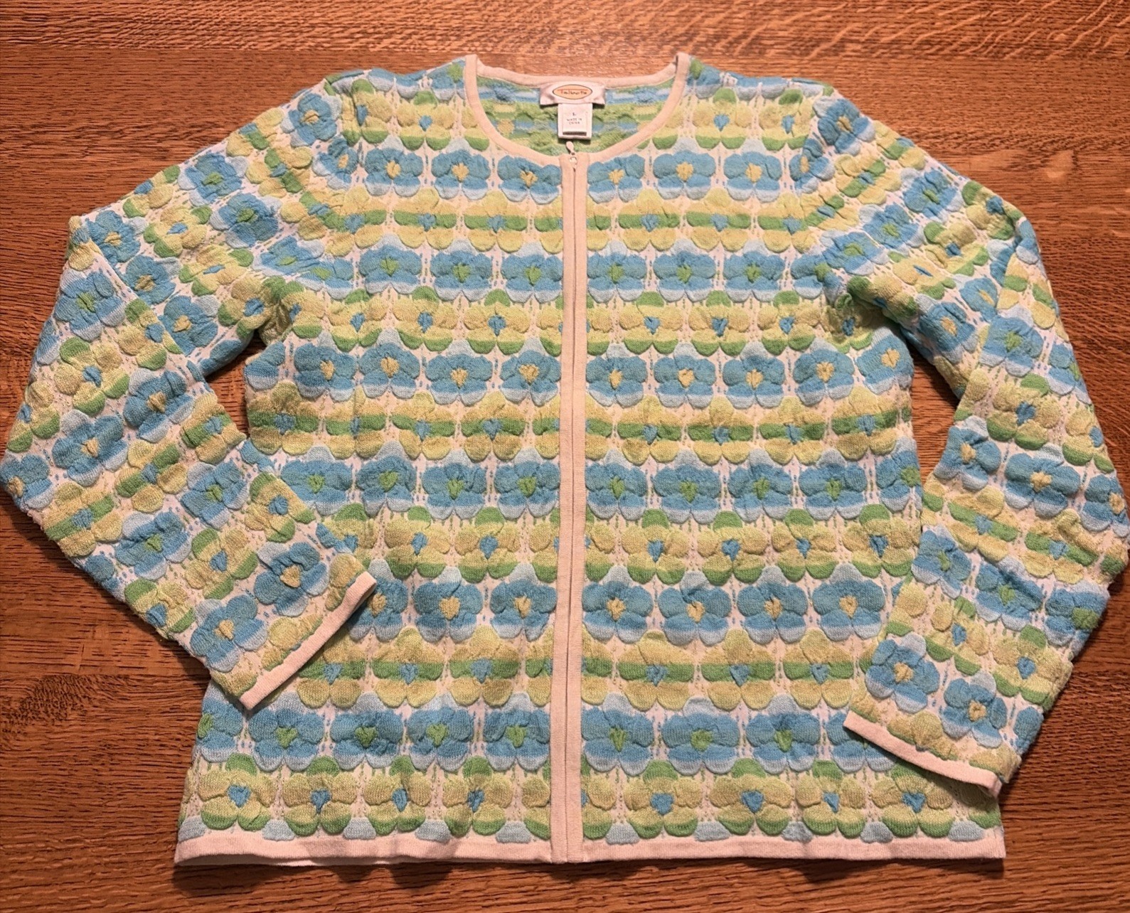 Vtg Talbots Retro Women Full Zip Cardigan Sweater 3D Floral Soft Blue Green Sz L